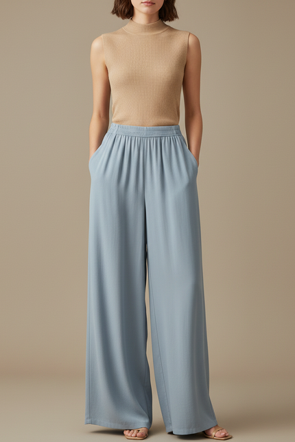 Pantalon Chinois Bleu Fluide Ample Décontracté Femme - Viscose
