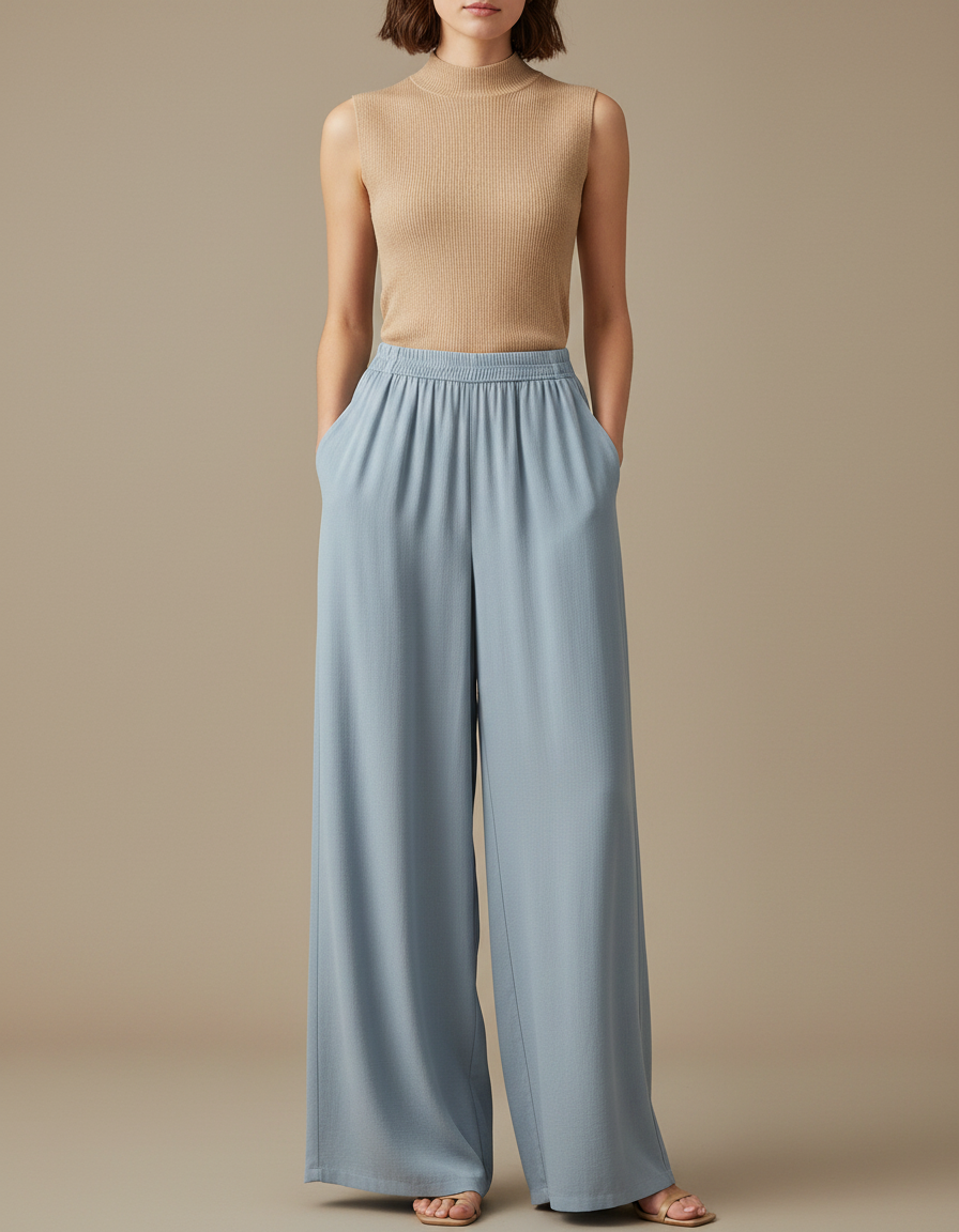 Pantalon Chinois Bleu Fluide Ample Décontracté Femme - Viscose