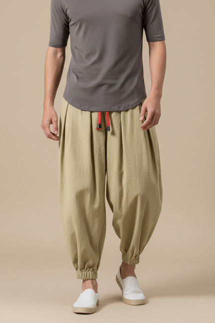 Pantalon Chinois Harem Lin Ample Décontracté Homme - Kaki