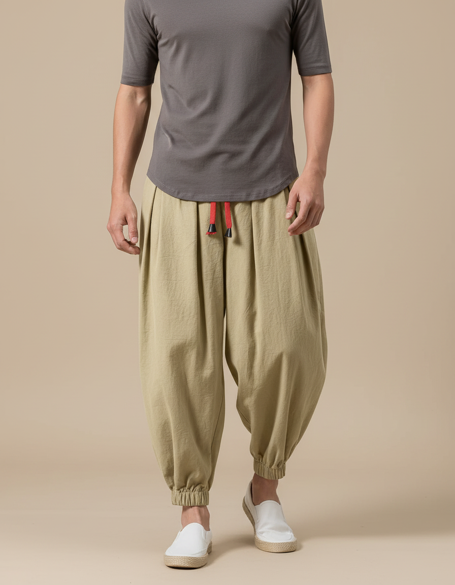 Pantalon Chinois Harem Lin Ample Décontracté Homme - Kaki