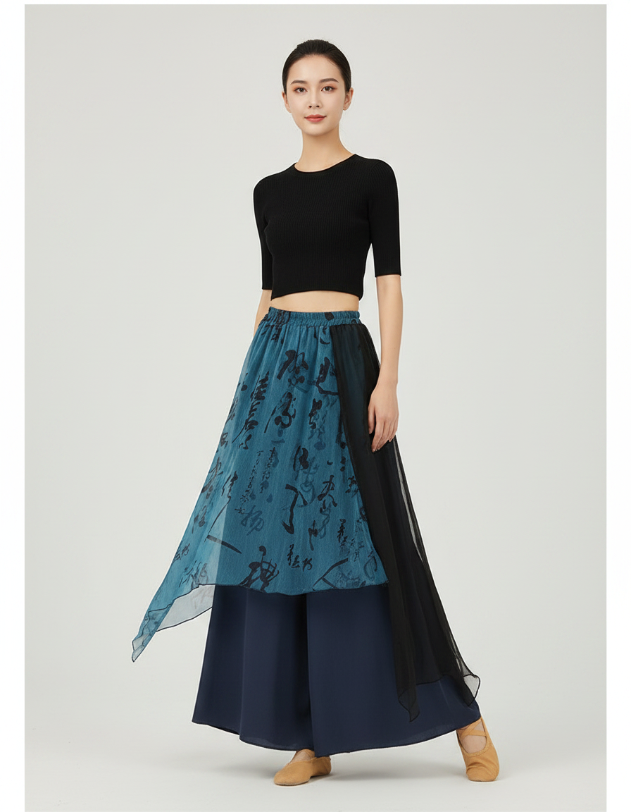 Pantalon Chinois Bleu Gaze Irrégulier Jupe Fluide Femme - Marine Viscose