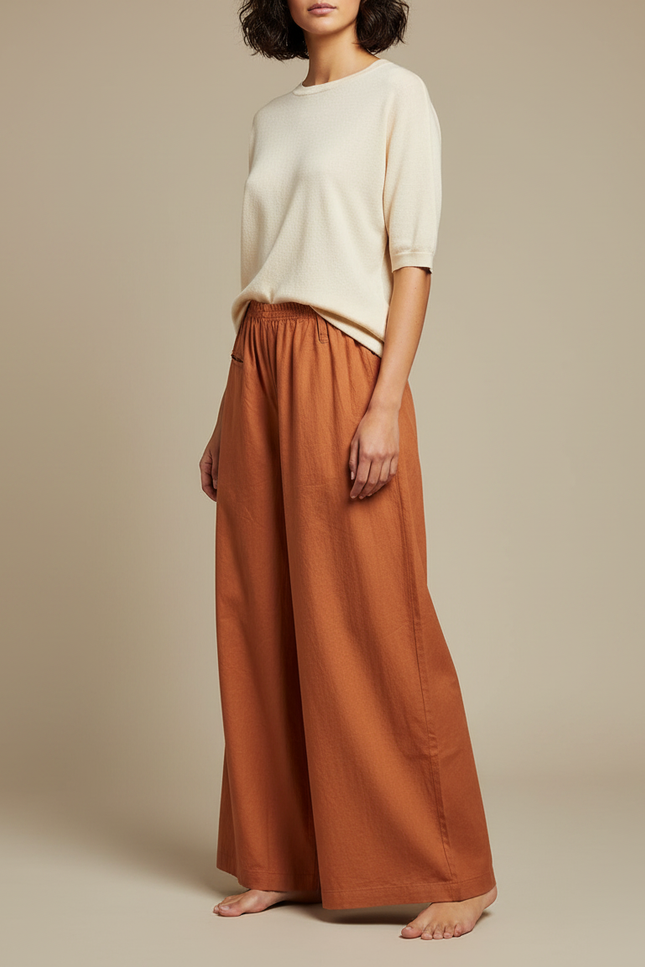 Pantalon Chinois Ample Coton Lin Marron Confortable - Orange