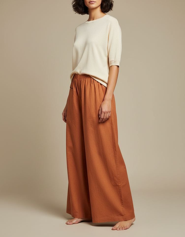 Pantalon Chinois Ample Coton Lin Marron Confortable - Orange