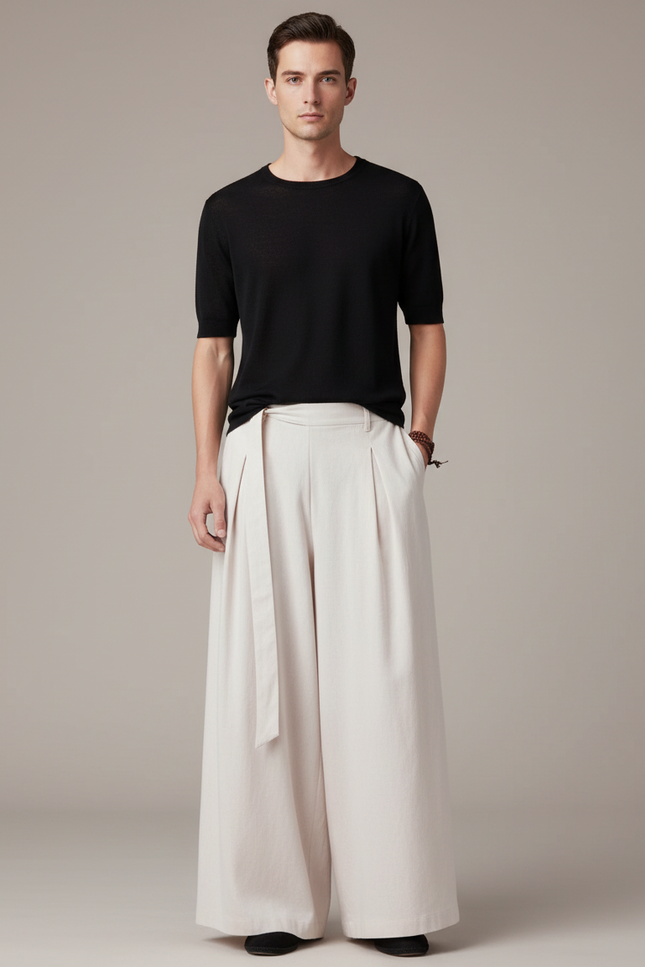 Pantalon Chinois Lin Ample Beige Décontracté Homme