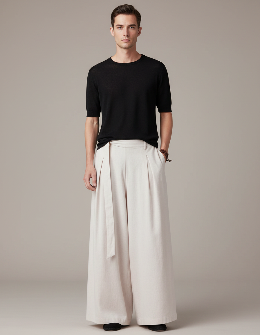 Pantalon Chinois Lin Ample Beige Décontracté Homme