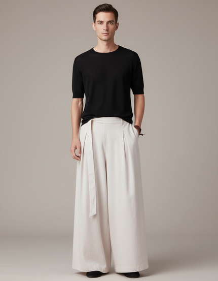 Pantalon Chinois Lin Ample Beige Décontracté Homme