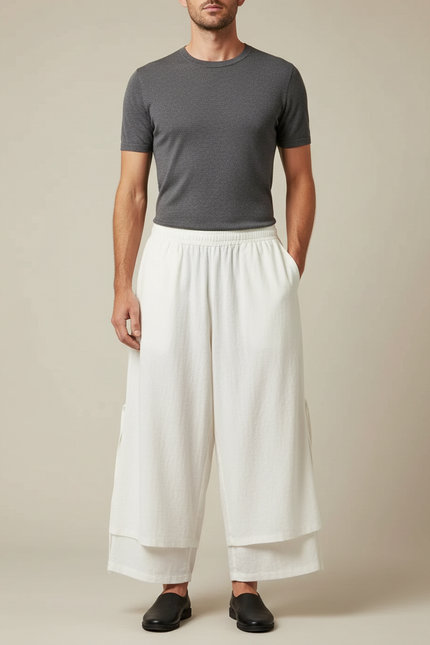 Pantalon Chinois Blanc Ample Lin Superposé Décontracté