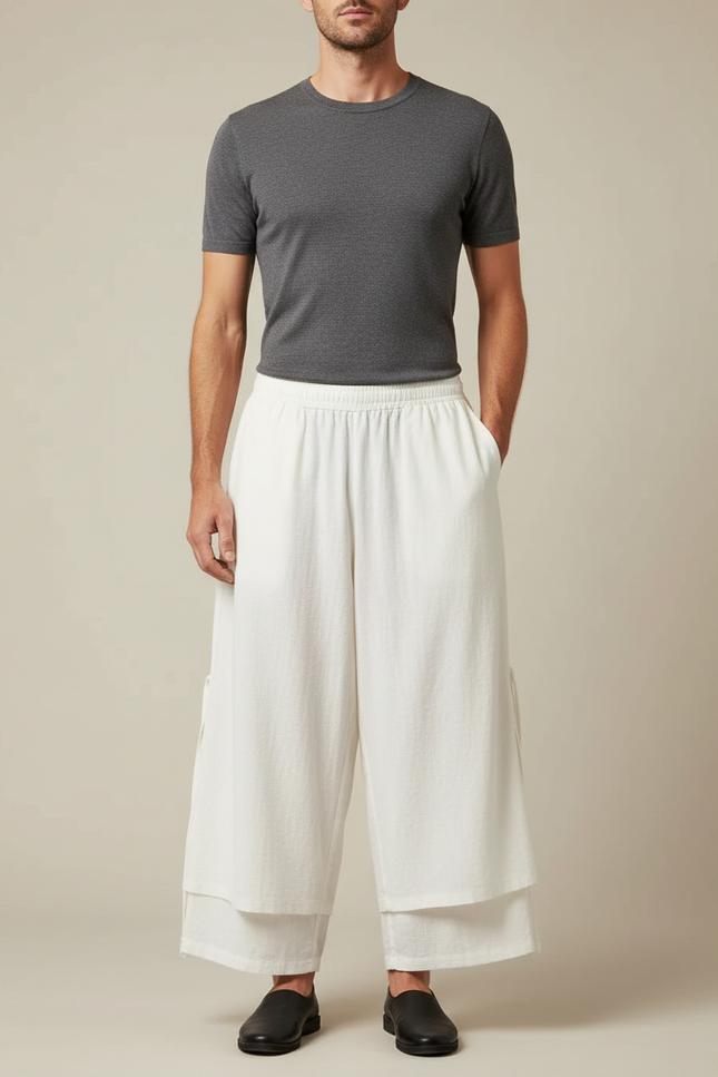 Pantalon Chinois Blanc Ample Lin Superposé Décontracté
