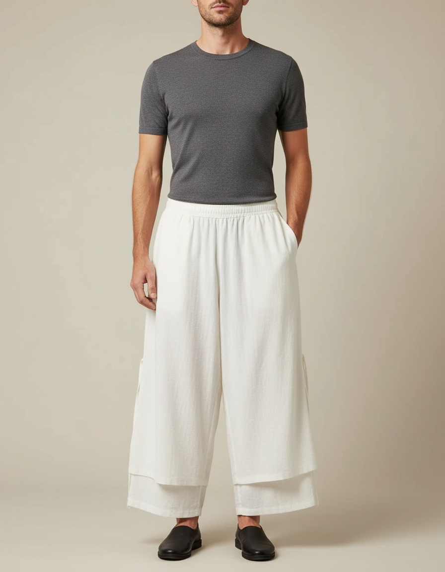 Pantalon Chinois Blanc Ample Lin Superposé Décontracté