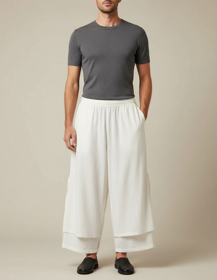 Pantalon Chinois Blanc Ample Lin Superposé Décontracté
