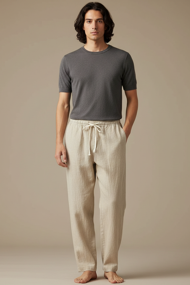 Pantalon Chinois Homme Beige Ample - Lin