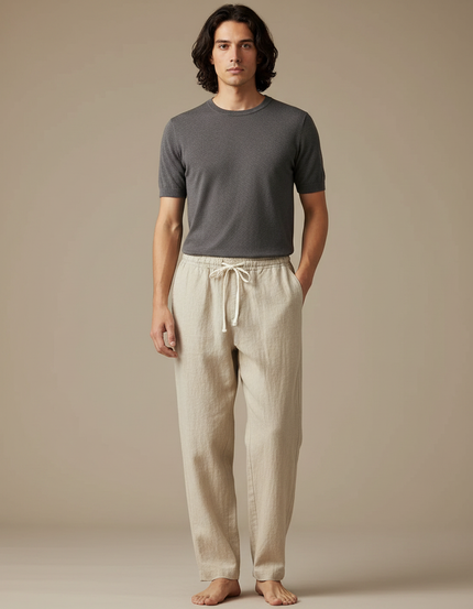 Pantalon Chinois Homme Beige Ample - Lin