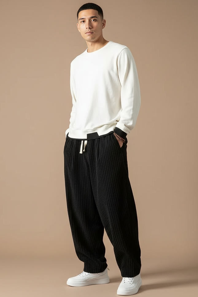 Pantalon Chinois Velours Côtelé Noir Ample Cordon Décontracté - Cordé