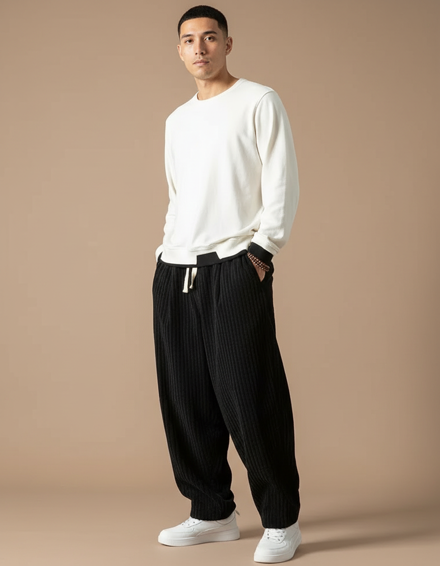 Pantalon Chinois Velours Côtelé Noir Ample Cordon Décontracté - Cordé