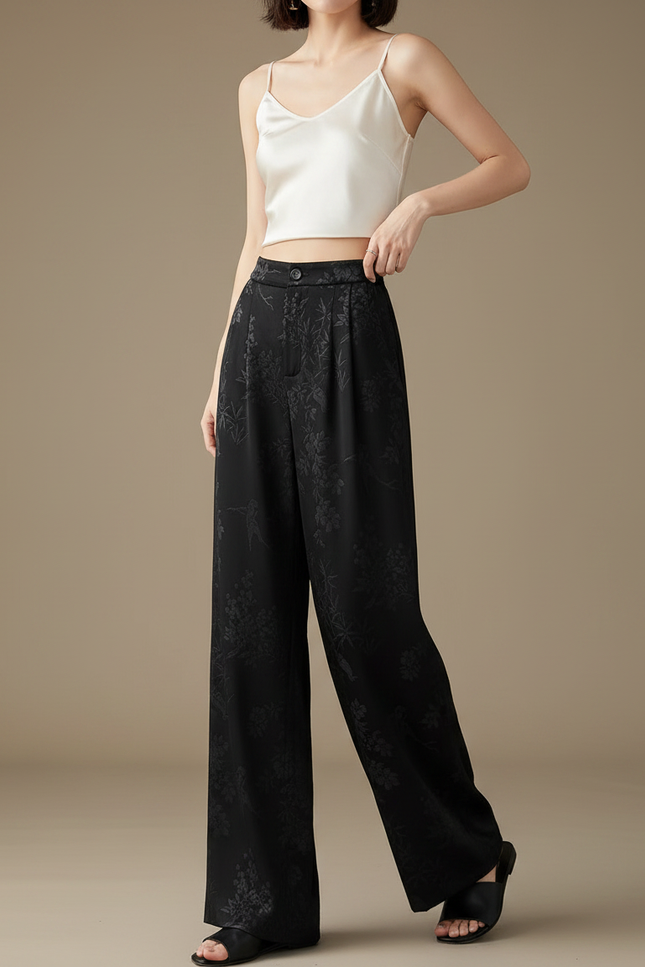 Pantalon Chinois Noir Satin Imprimé Fluide Femme