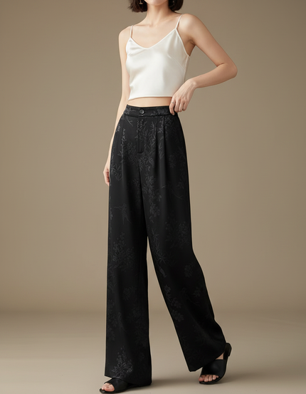 Pantalon Chinois Noir Satin Imprimé Fluide Femme