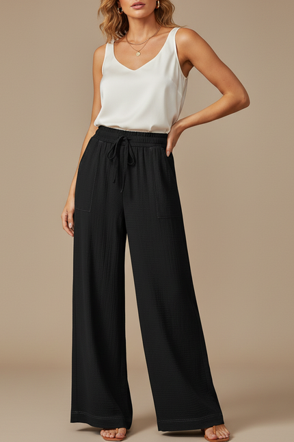 Pantalon Chinois Noir Ample Fluide Côtelé Femme - Cordé