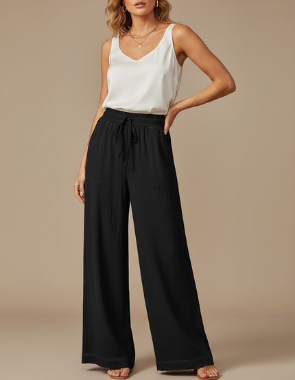 Pantalon Chinois Noir Ample Fluide Côtelé Femme - Cordé