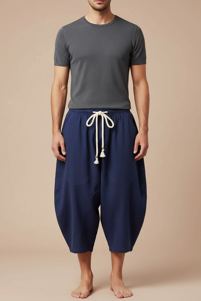 Pantalon Chinois Bleu Marine Ample Coton Cordon Homme