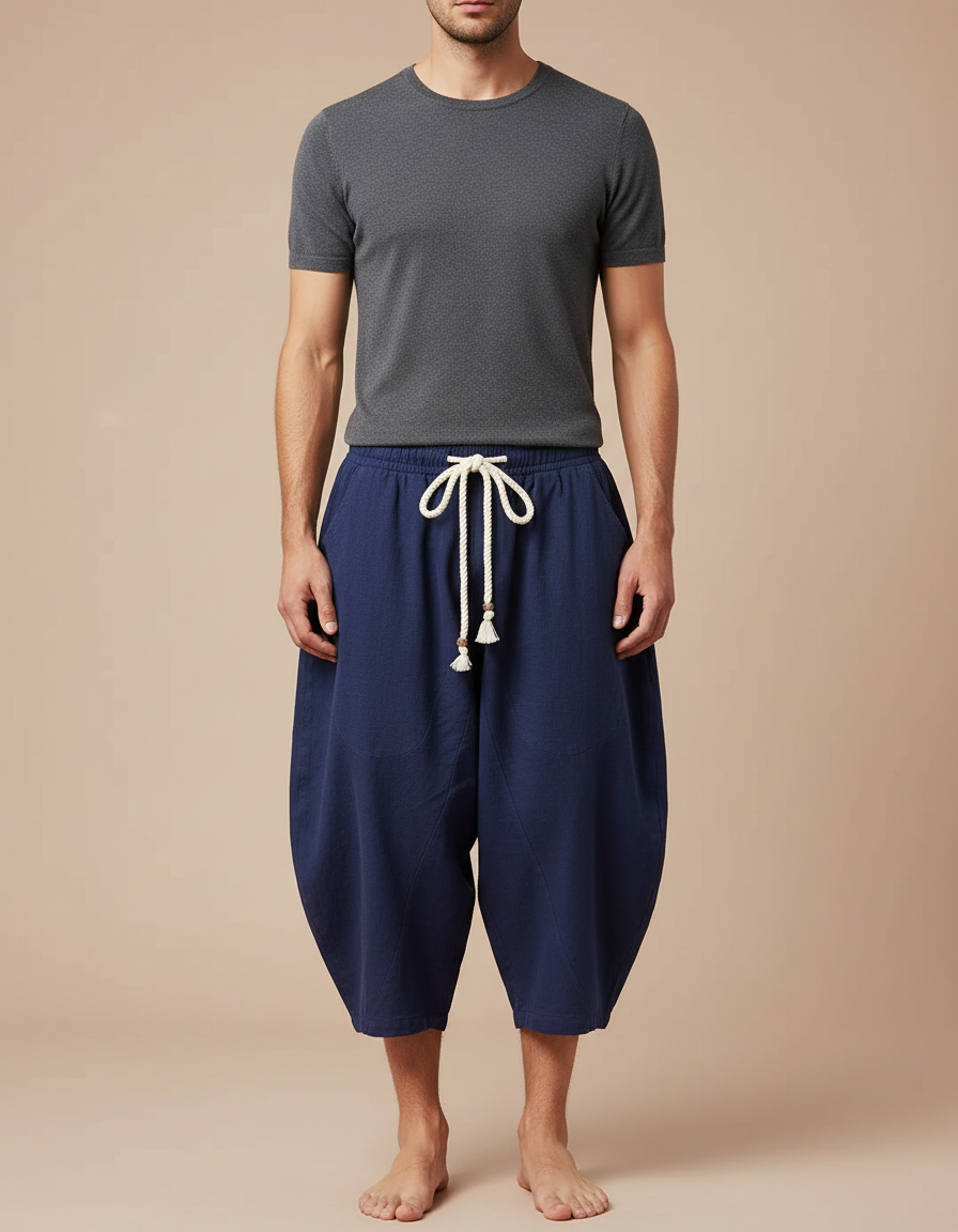 Pantalon Chinois Bleu Marine Ample Coton Cordon Homme