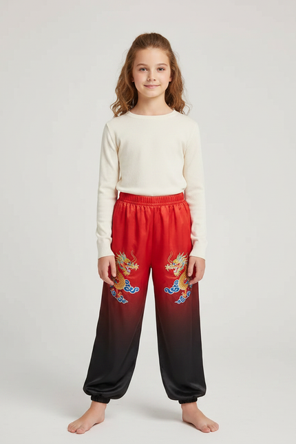 Pantalon Chinois Rouge Noir Satiné Dragon Enfant - Multicolore