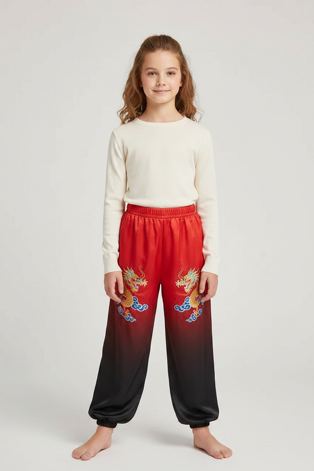 Pantalon Chinois Rouge Noir Satiné Dragon Enfant - Multicolore