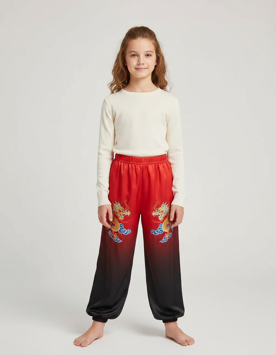Pantalon Chinois Rouge Noir Satiné Dragon Enfant - Multicolore