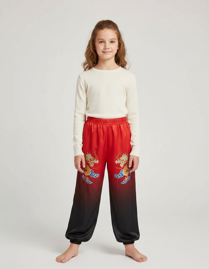 Pantalon Chinois Rouge Noir Satiné Dragon Enfant - Multicolore