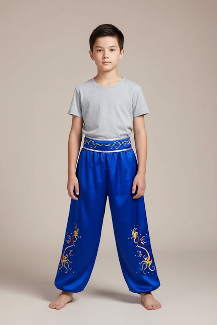 Pantalon Chinois Bleu Satiné Ample Enfant Brodé