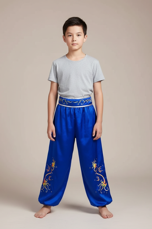 Pantalon Chinois Bleu Satiné Ample Enfant Brodé