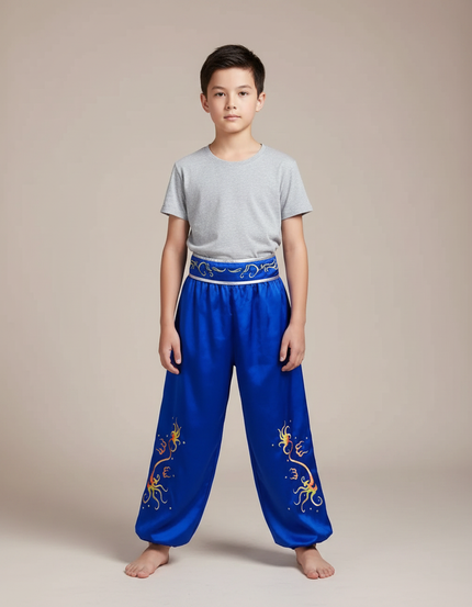 Pantalon Chinois Bleu Satiné Ample Enfant Brodé