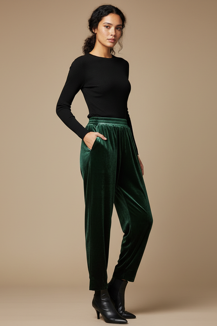 Pantalon Chinois Velours Vert Ample Décontracté Femme