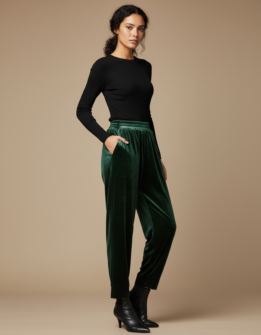 Pantalon Chinois Velours Vert Ample Décontracté Femme