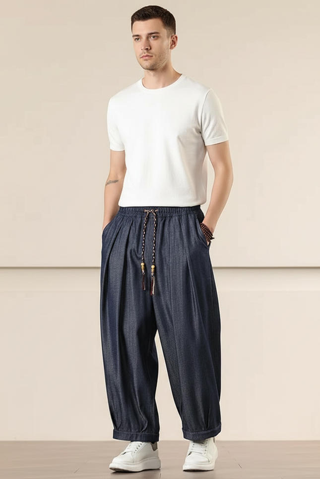 Pantalon Chinois Harem Ample Denim Bleu Marine Décontracté - Jean