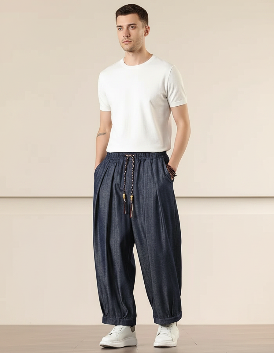 Pantalon Chinois Harem Ample Denim Bleu Marine Décontracté - Jean
