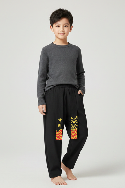 Pantalon Chinois Noir Ample Motifs Rouges Enfant - Polyester