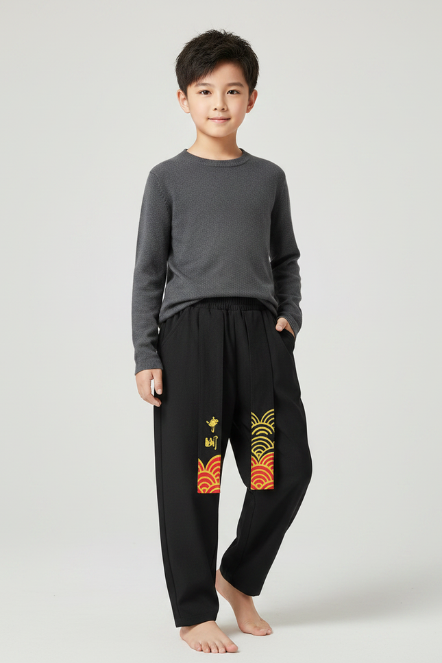 Pantalon Chinois Noir Ample Motifs Rouges Enfant - Polyester