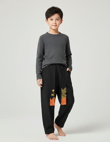 Pantalon Chinois Noir Ample Motifs Rouges Enfant - Polyester