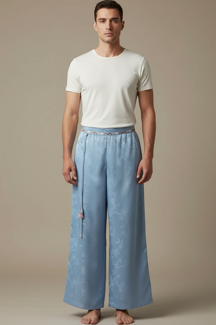 Pantalon Chinois Bleu Ciel Jacquard Ample Fluide - Satin