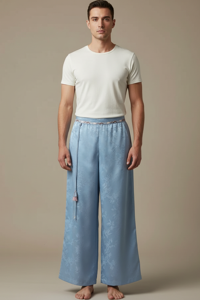 Pantalon Chinois Bleu Ciel Jacquard Ample Fluide - Satin