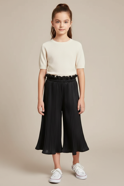 Pantalon Chinois Noir Plissé Fluide Ample Fille - Polyester