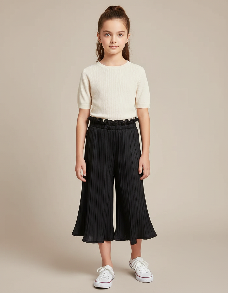 Pantalon Chinois Noir Plissé Fluide Ample Fille - Polyester