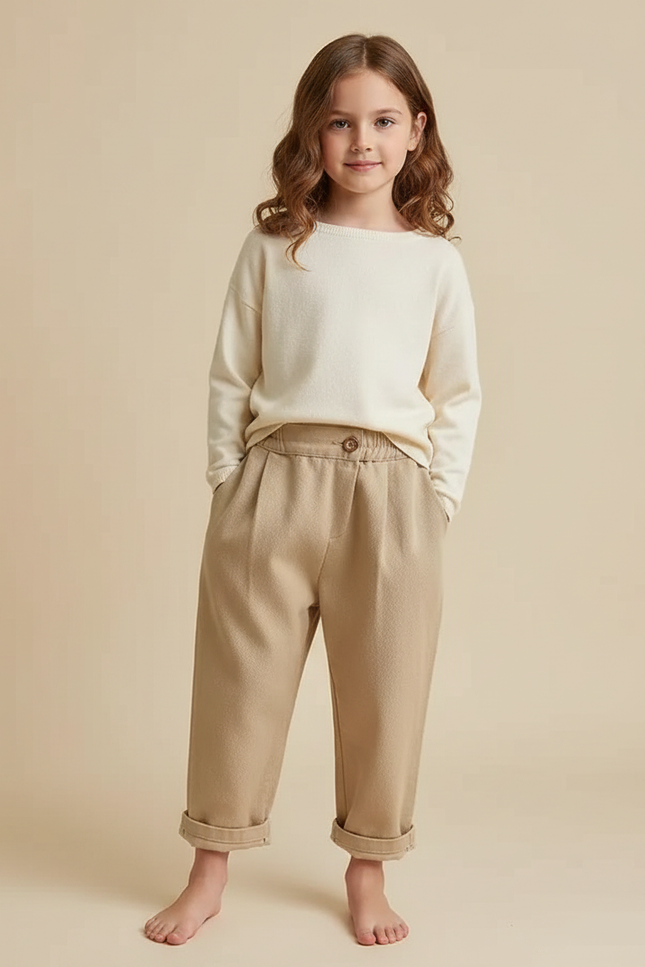 Pantalon Chinois Beige Ample Coton Enfant Décontracté - Laine