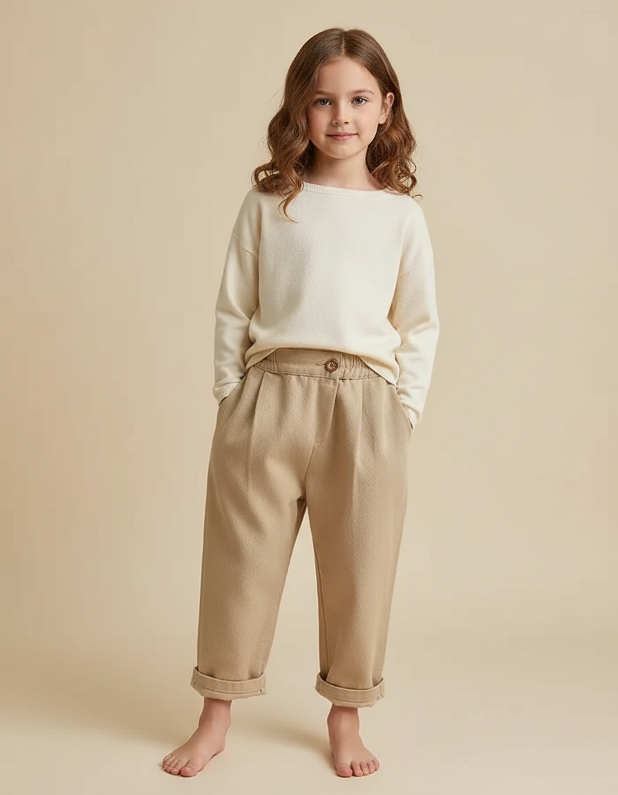 Pantalon Chinois Beige Ample Coton Enfant Décontracté - Laine