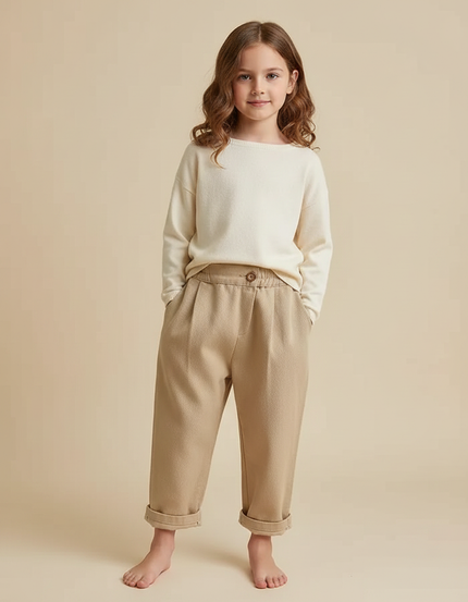 Pantalon Chinois Beige Ample Coton Enfant Décontracté - Laine