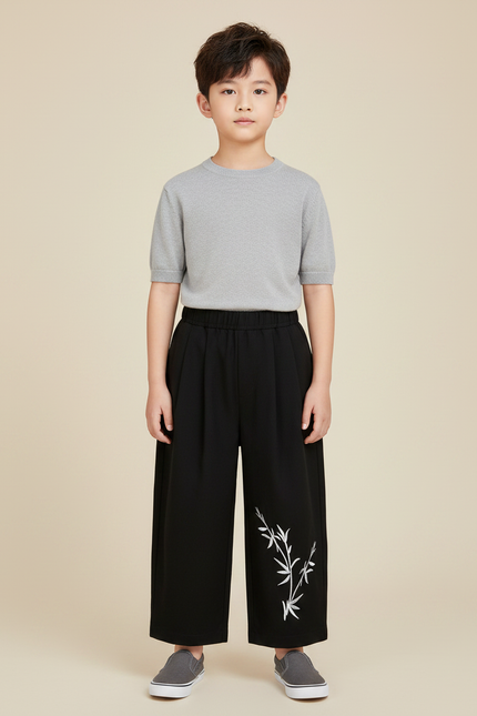 Pantalon Chinois Noir Ample Brodé Bambou Garçon - Polyester