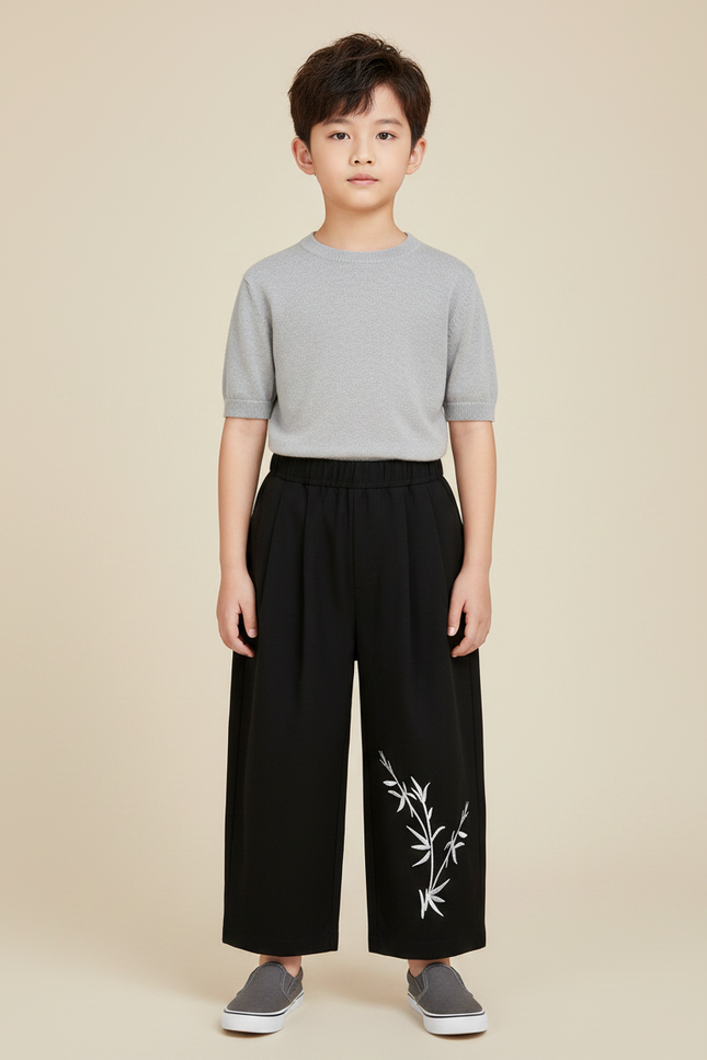 Pantalon Chinois Noir Ample Brodé Bambou Garçon - Polyester