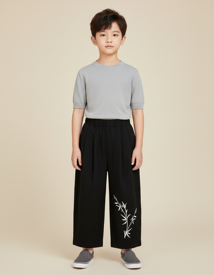 Pantalon Chinois Noir Ample Brodé Bambou Garçon - Polyester