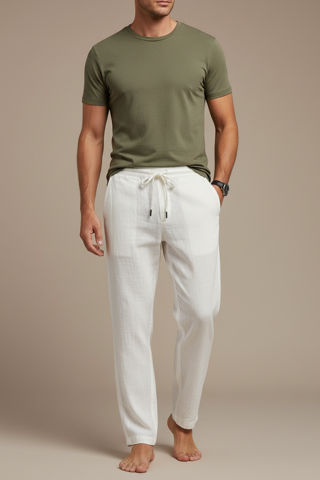 Pantalon Chinois Blanc Lin Droit Décontracté Cordon Homme