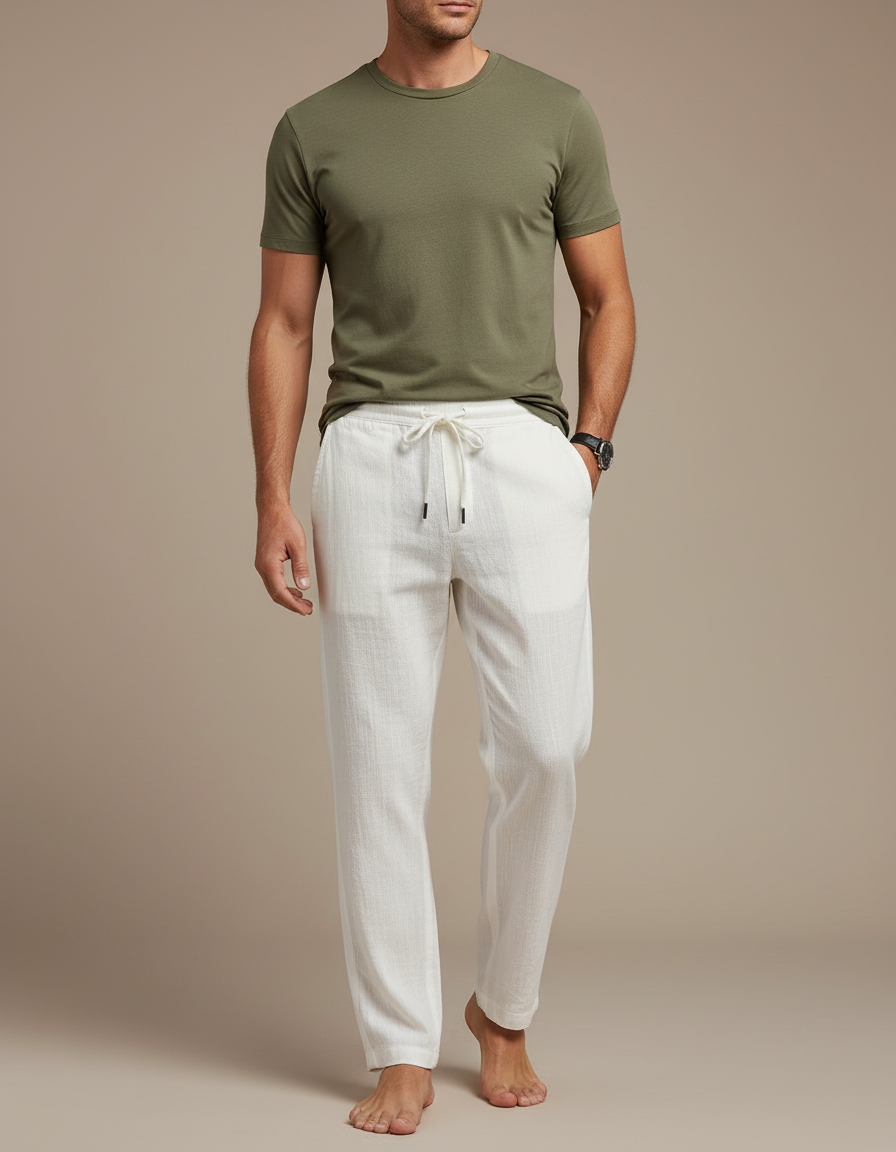 Pantalon Chinois Blanc Lin Droit Décontracté Cordon Homme